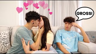 Being PDA With Girlfriend In FRONT Of LITTLE BROTHER To See How He Reacts!