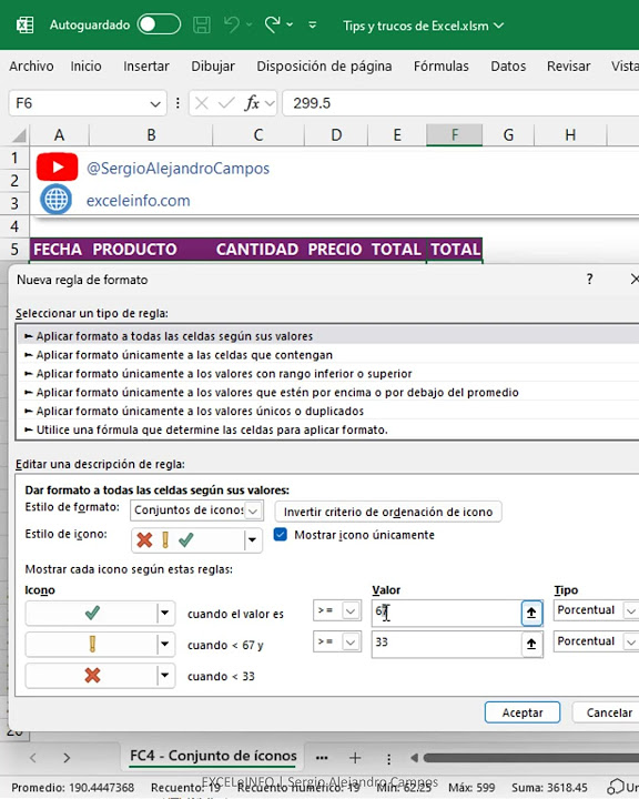 Conjunto de conos en formato condicional en excel youtube