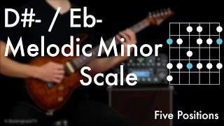 d#- / eb melodic minor scale - five positions