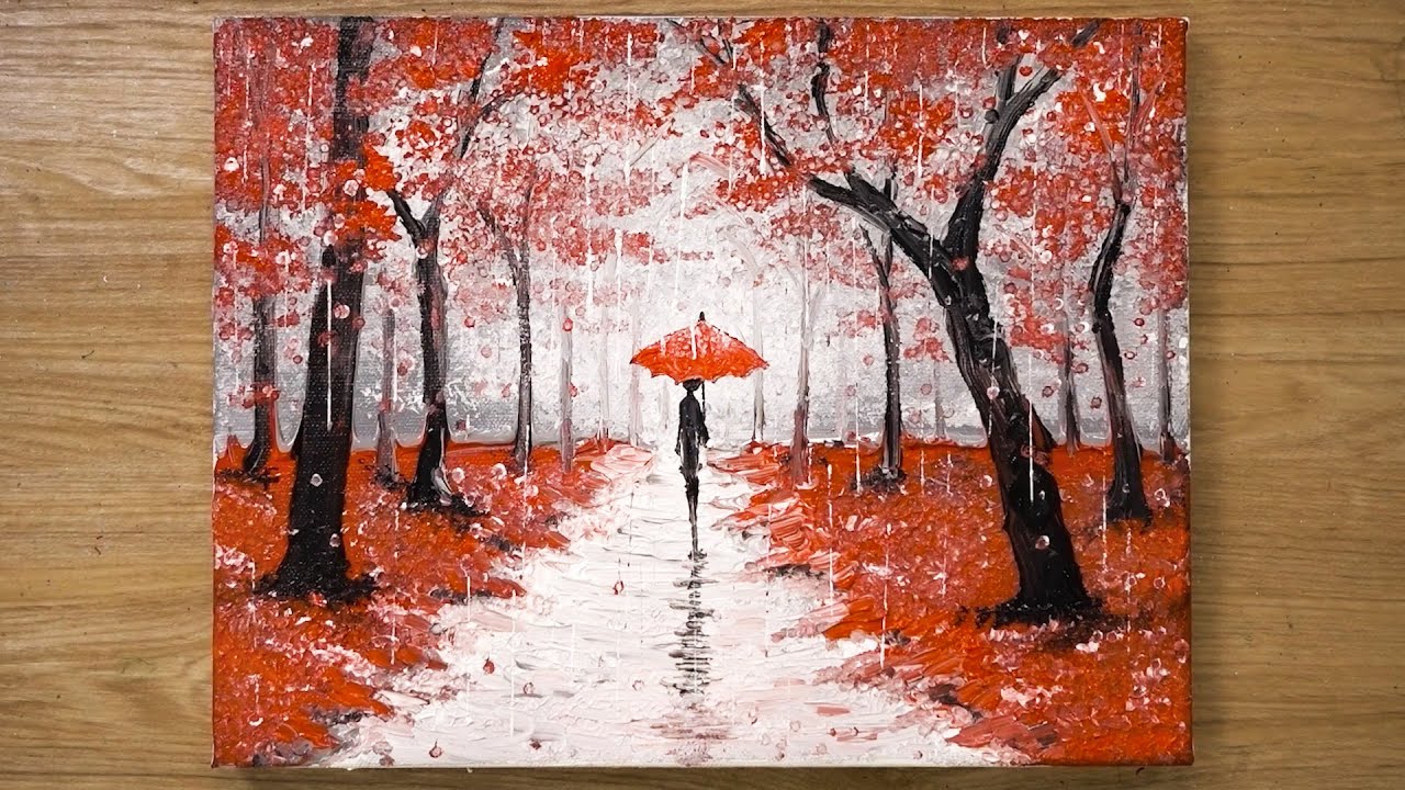 Walking in the rain red acrylic painting by Jay Lee | Paintings