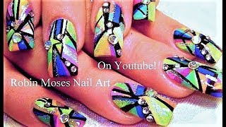 Hot Rainbow Bling Nails | Diamonds + Stripe Fierce Diva Nail Art Design