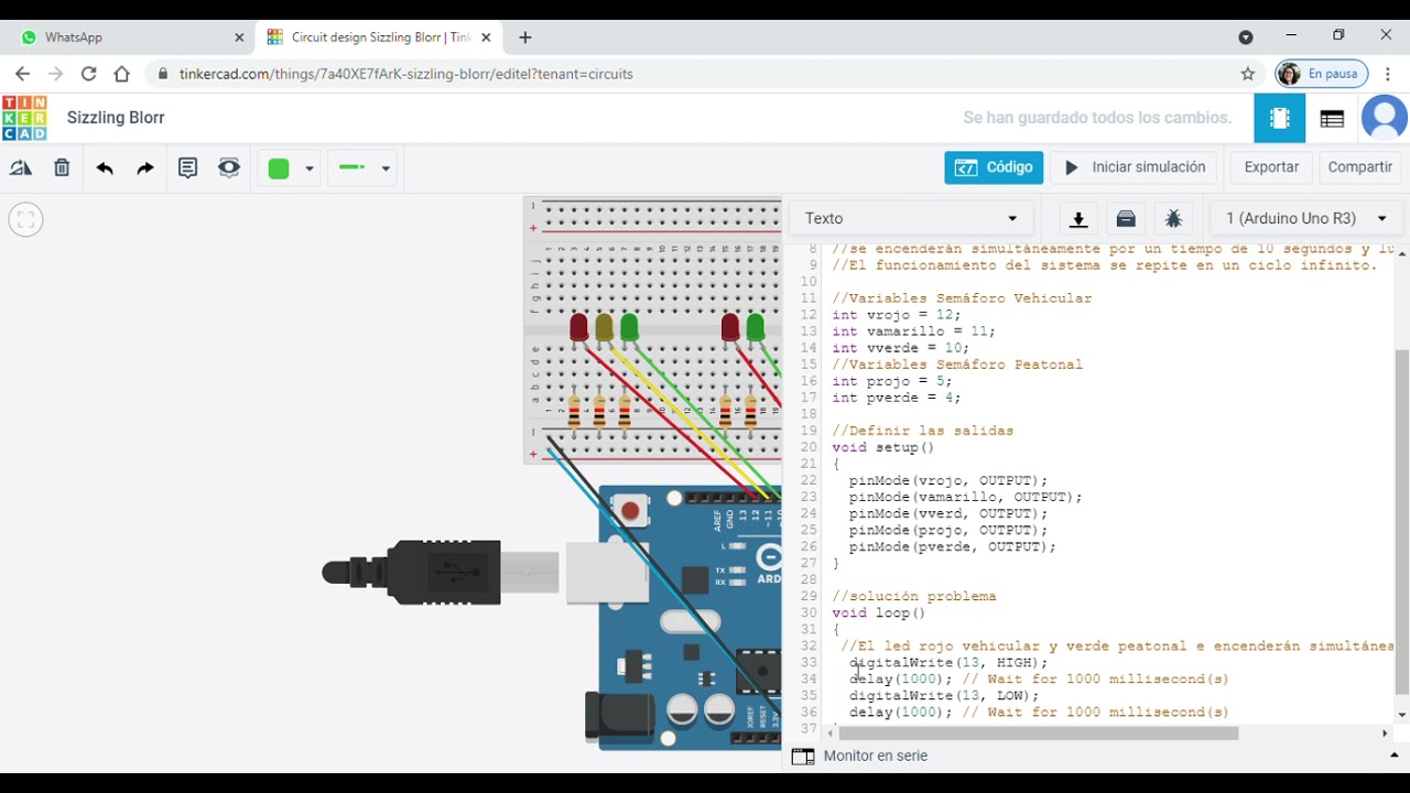 Semáforo Vehicular y Peatonal usando Tinkercad