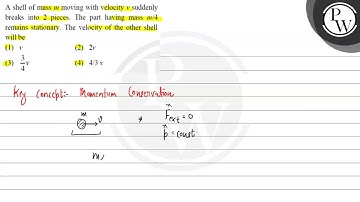 A shell of mass \( m \) moving with velocity \( v \) suddenly breaks into 2 pieces. The part hav...