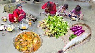 Very tasty MRIGEL FISH cooking & eating with FRESH BRINJAL recipe || tribe cooking vlog