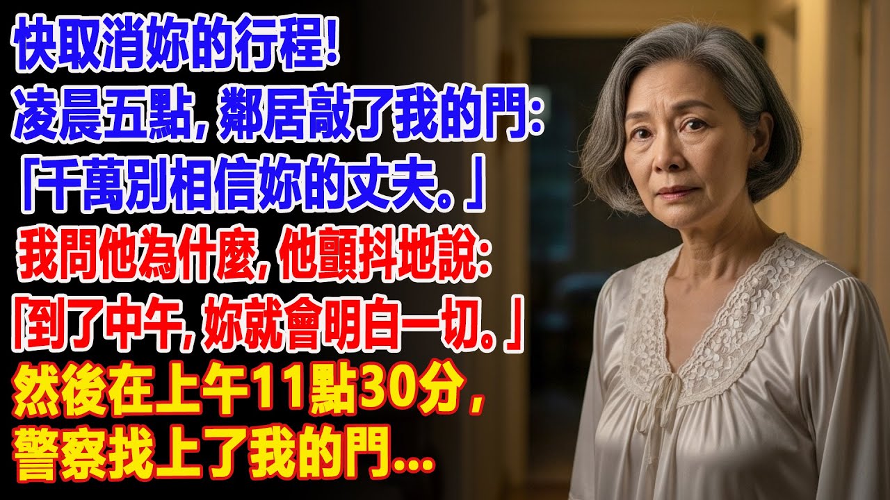 【真實故事】凌晨五點，鄰居警告我：「取消妳的旅行，也別相信妳的丈夫！」…這句話救了我的命。💔 | 父母子女冲突 | 真實故事 | 故事分享 | 情感故事 | 晚年哲理 | 說故事