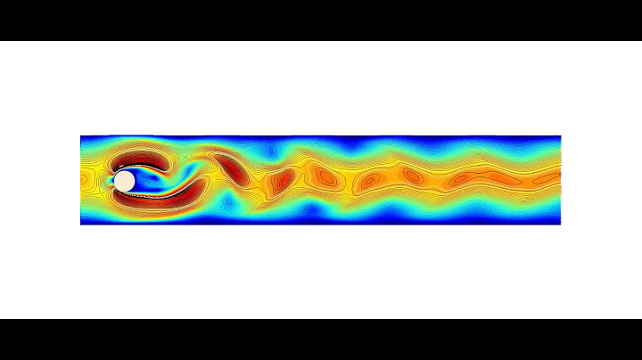 Laminar flow around a cylinder at Re = 100. Lattice Boltzmann Method
