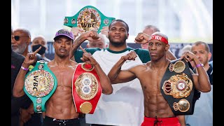 Errol Spence Jr. and Yordenis Ugas appear for the final weigh-in ahead of their fight on Saturday