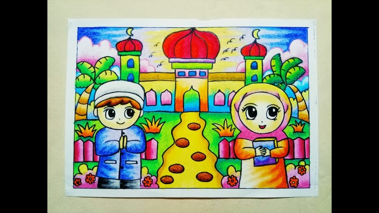  Cara  Mewarnai  Gradasi  Crayon  Oilpastel Pergi ke Masjid 