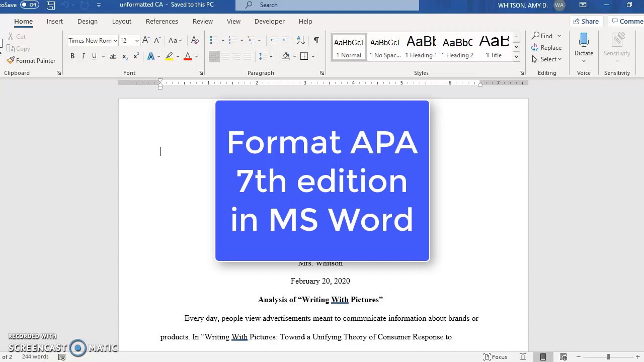 Apa 7th Edition In Ms Word Youtube