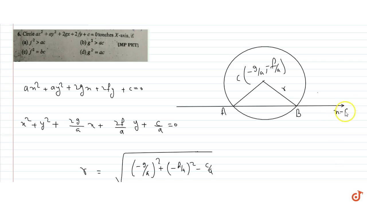 Circle Ax 2 Ay 2 2gx 2fy C 0 Touches X Axis If Youtube
