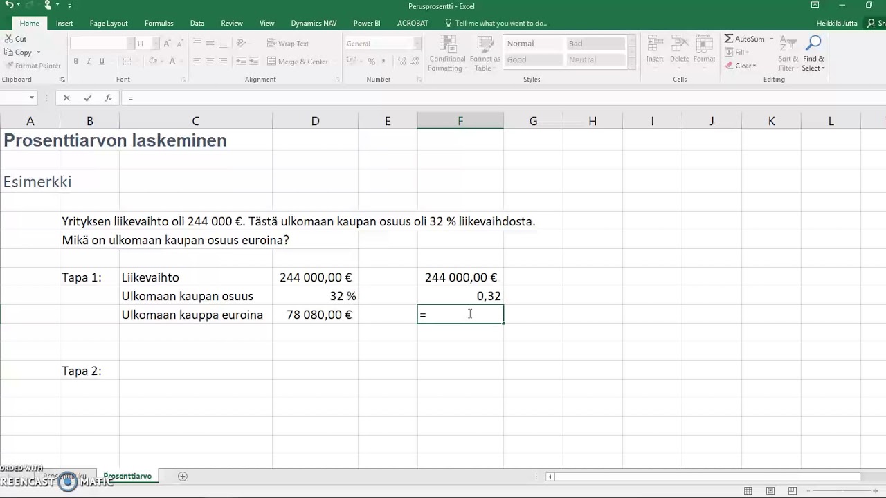 Prosenttiarvon laskeminen Excelillä