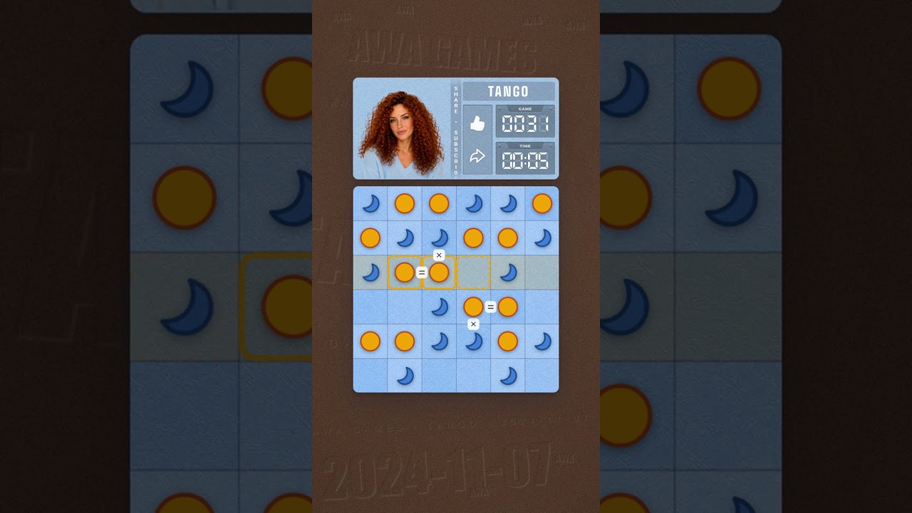 LinkedIn Tango #31 solved board for November 7, 2024, 6x6 grid
