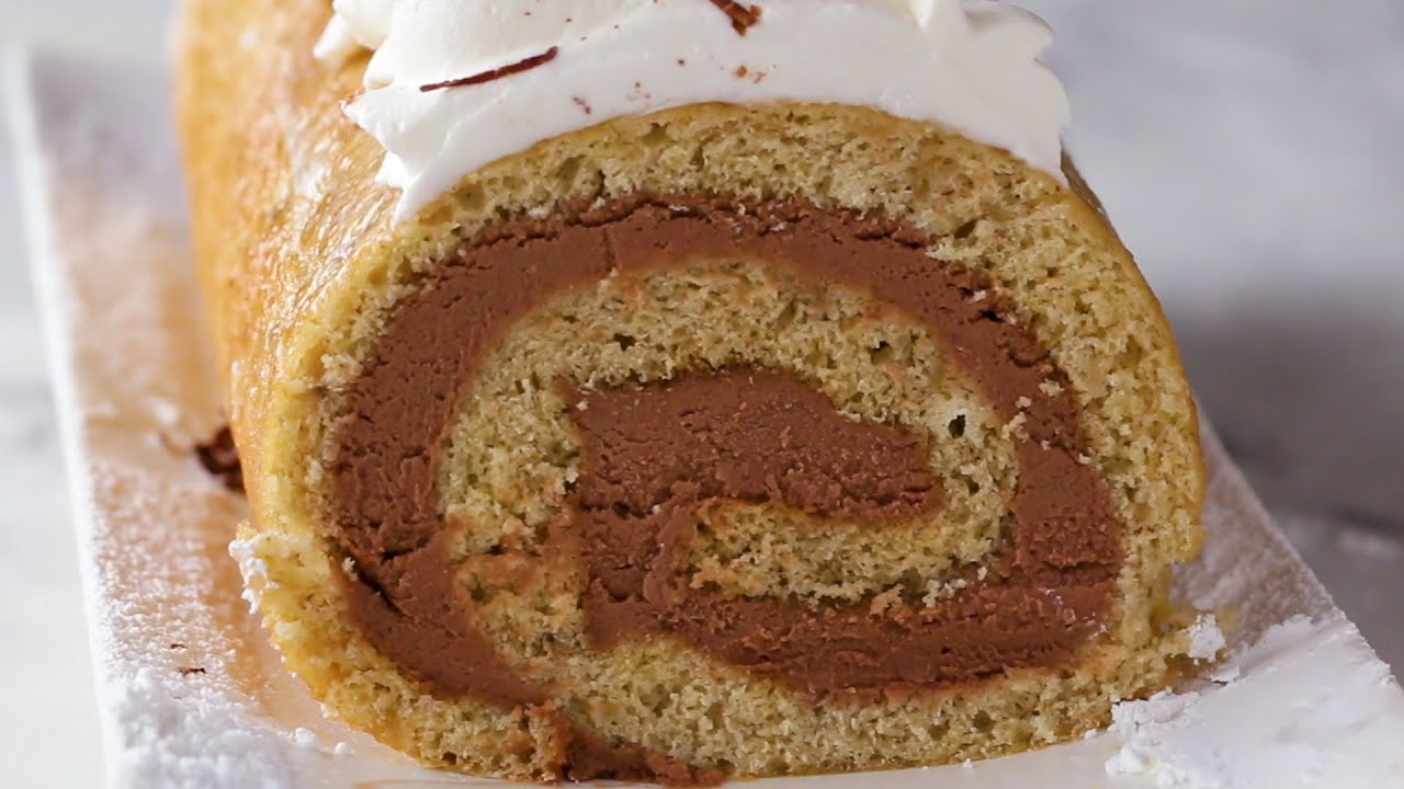 Banana Bread Chocolate Cheesecake Swiss Roll | Tasty
