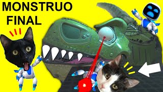 Gato gamer vs monstruo final jugando con robot de PS5 y Luna y Estrella / Videojuego con gatitos