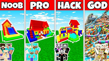 Minecraft: FAMILY FUNNY WATERSLIDE HOUSE BUILD CHALLENGE - NOOB vs PRO vs HACKER vs GOD in Minecraft