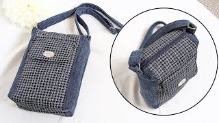 DIY Small Printed and Denim Crossbody Bag With Zipper Out of Old Jeans | Bag Tutorial | Upcycle