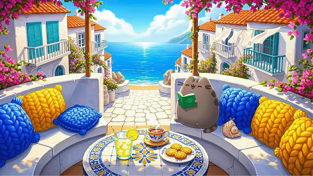 Pusheen Chillhop 🌊 Relaxing Lofi Beats with Ocean & Wave Sounds for Study, Work, Focus and Calm Days