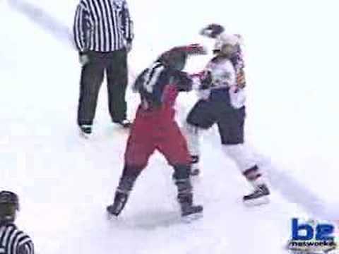 Hockey fight between Jesse Boulerice of the Philadelphia Phantoms and Jon Mirasty of the Syracuse Crunch on February 12th, 2008.