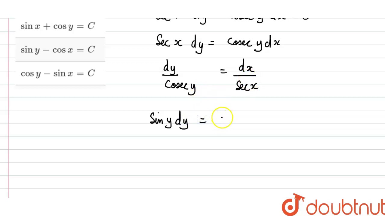 The solution of the differential equation ` sec x dy