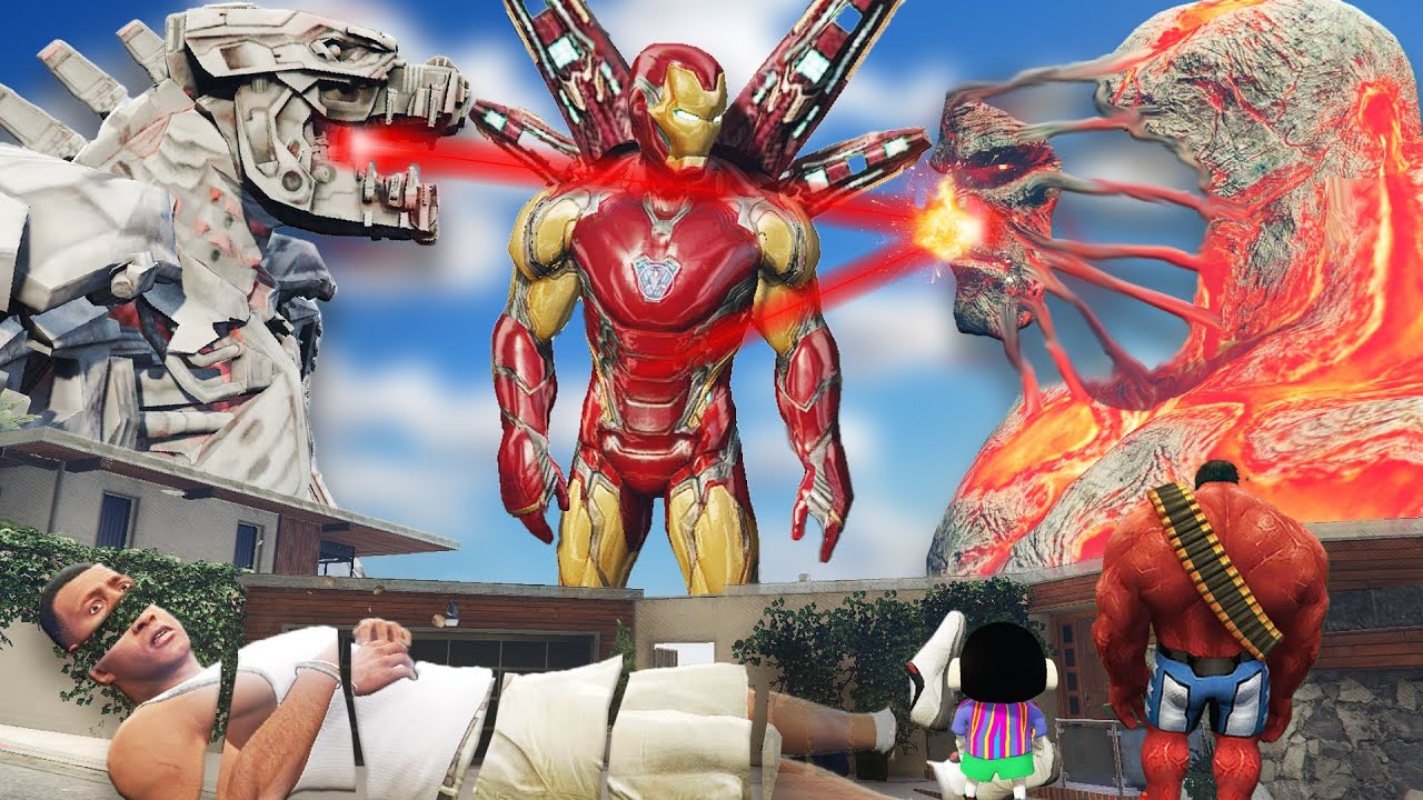 Lava God Iron Man Red Hulk and Franklin Shinchan Saved City From Godzilla 🥺