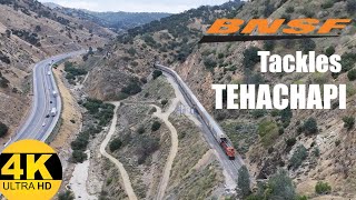 BNSF Freight Train Climbs Thru Steep Canyon - Tehachapi Pass - 4K HD Drone Footage