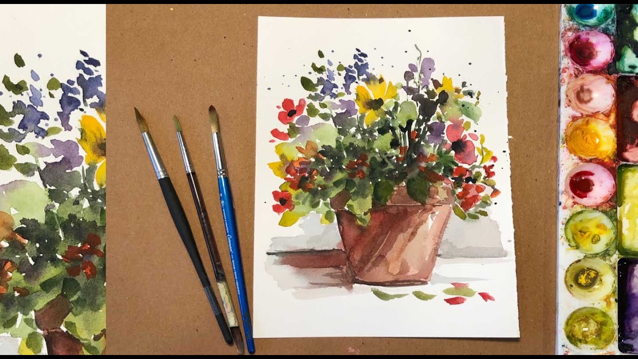 Watercolor Painting For Beginners Loose Flowers in a pot /Easy Tutorial