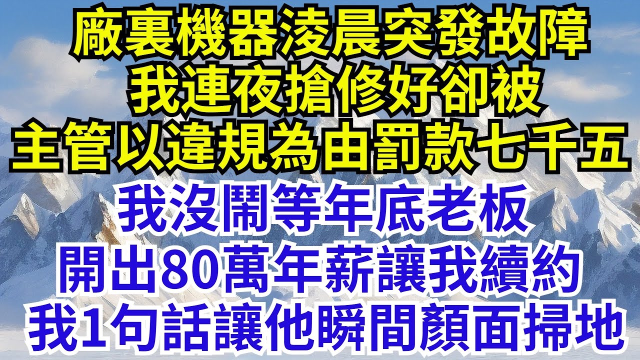 廠裏機器淩晨突發故障，我連夜搶修好卻被，主管以違規為由罰款七千五，我沒鬧等年底老板，開出80萬年薪讓我續約，我1句話讓他瞬間顏面掃地【格子間奇談】