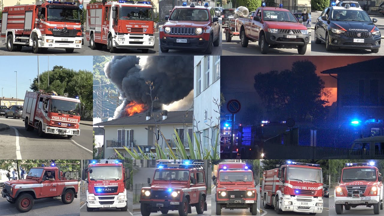 4K - Incendio capannone a Concesio (BS) arrivo mezzi Vigili del Fuoco di Brescia e provincia.