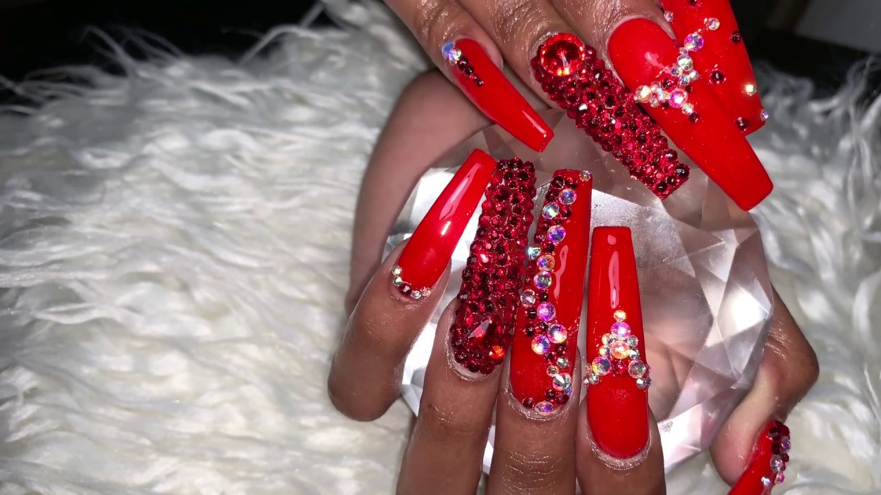 Acrylic Nails Tutorial, Red Bling Nails