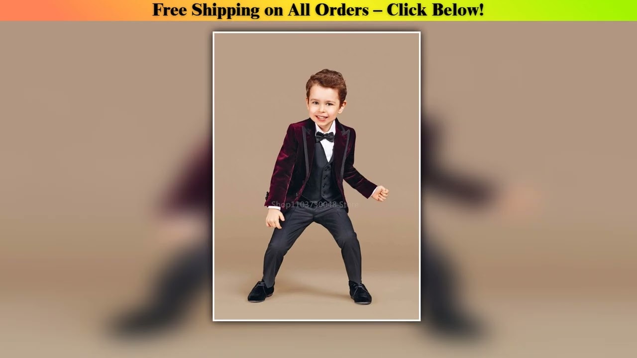 Fashion Burgundy Velvet Formal Boys Suits for Wedding Dress Elegant Children Prom Costume Kids