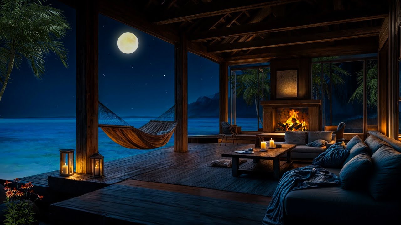 🌊 Beach Night Ambience | Soothing Ocean Waves & Fireplace Sounds to Relax the Mind