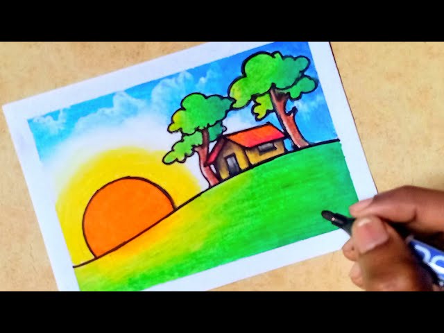 Drawing Simple Sunset Scenery Step by Step with Oil Pastels - YouTube