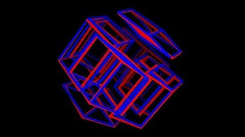 Cells-8-anaglyph. Rotation in four-dimensional space. 4D. Fourth dimension. Hyperspace.