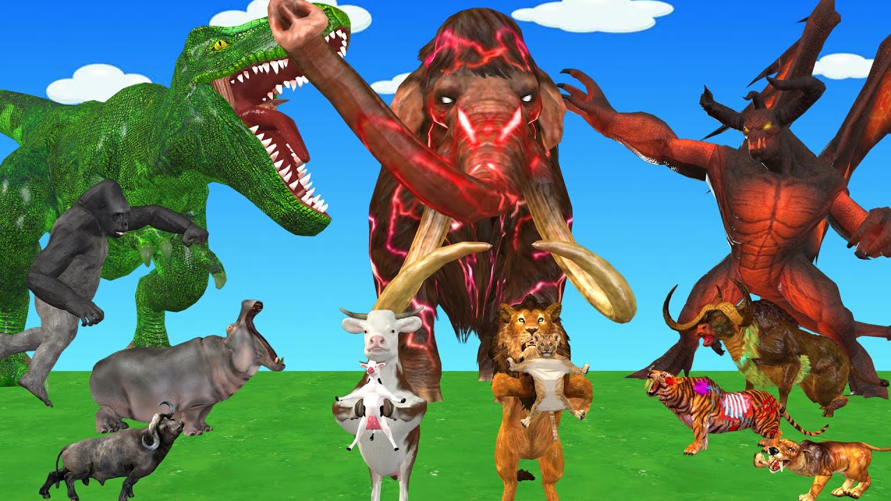 パパとママライオン・ウシ vs トラ・オオカミが巨大ゾンビ化！マンモスがウシとライオンの子どもを救出！