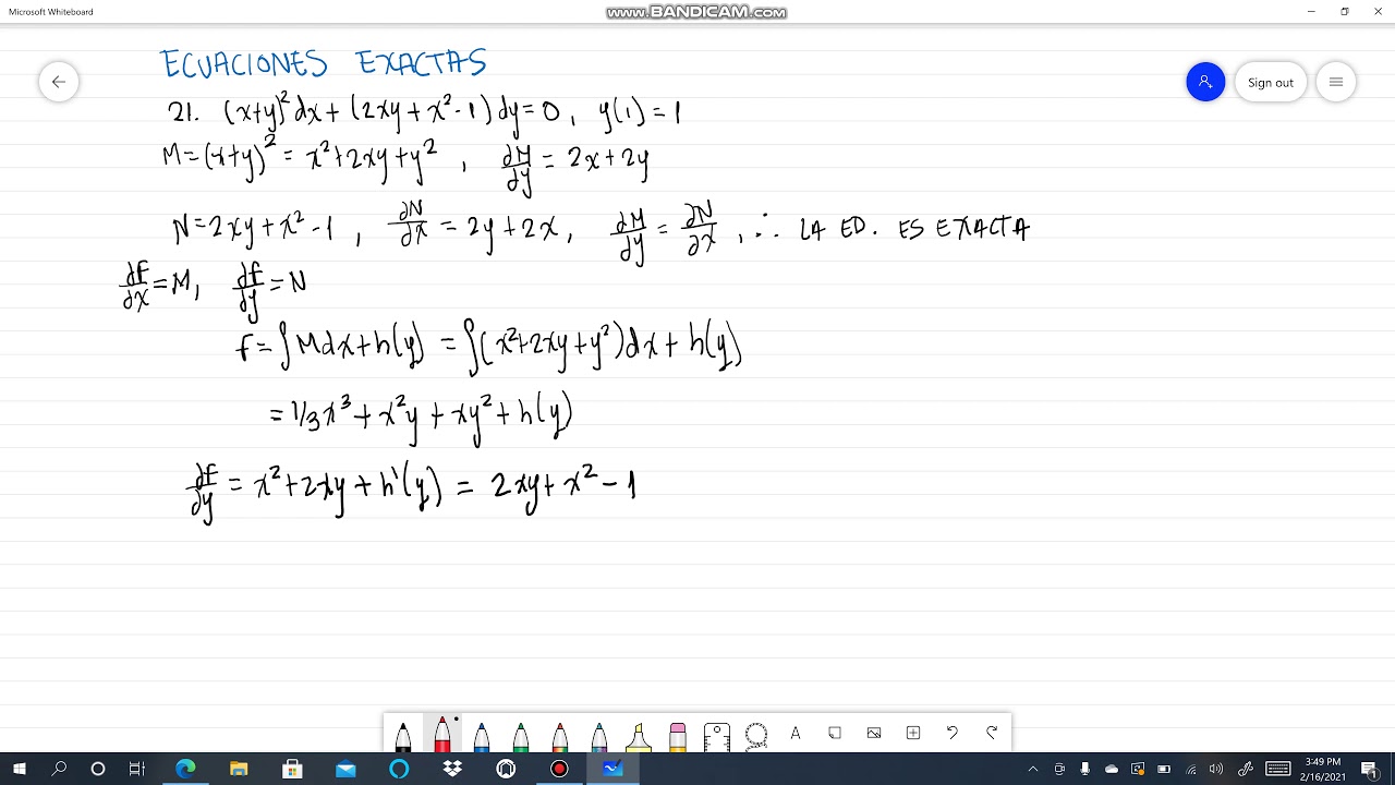 21 X Y 2 Dx 2xy X 2 1 Dy 0 Y 1 1 Ecuaciones Exactas Alexander Estrada Youtube