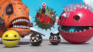 Two Spiky Monsters, Cyborg Piranha & Cartoon Cat Vs Robot Pacman & Chain Chomp in the Maze