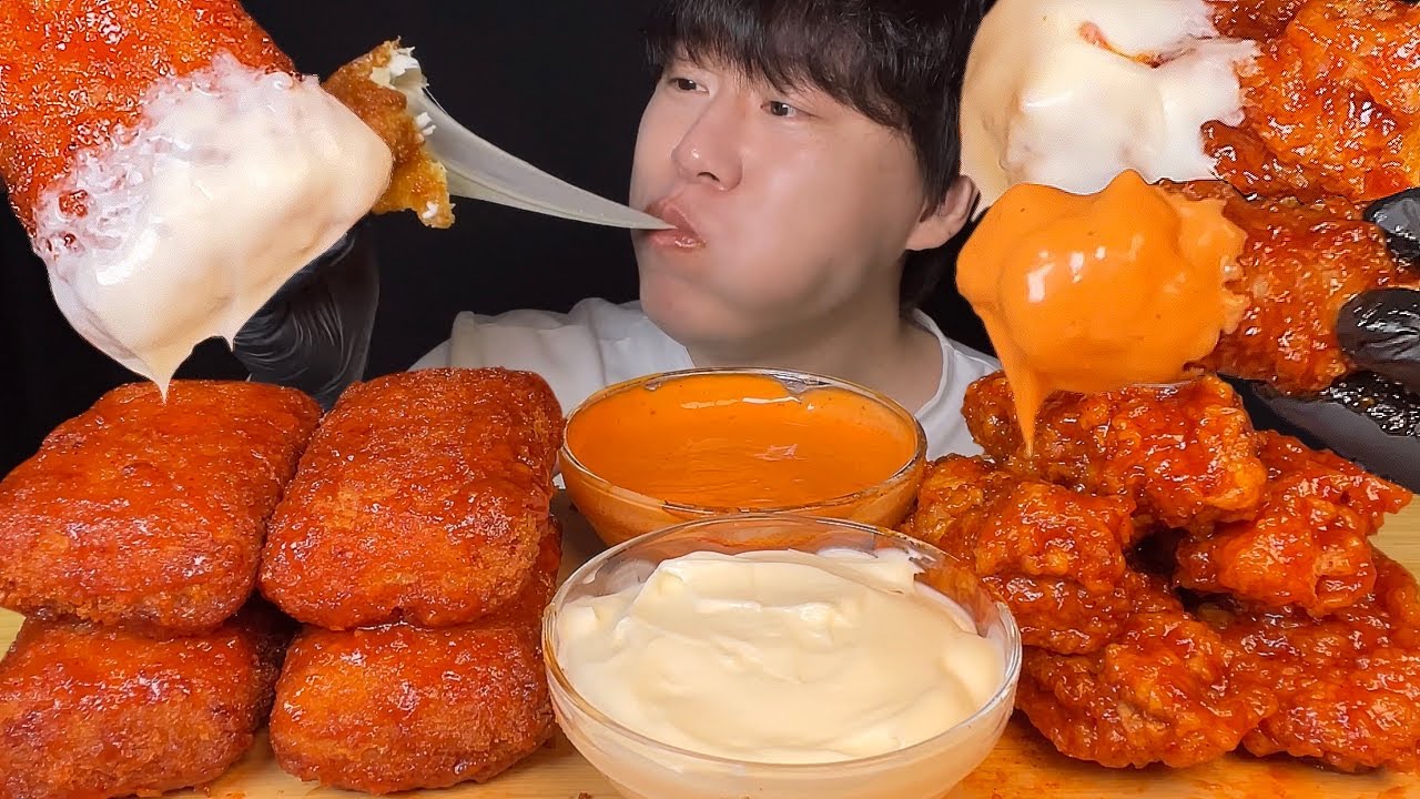 (Подписка) Корейская жареная курица с чили и палочками моцареллы: мукбанг, ASMR