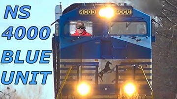 NS 4000 Blue Flamethrower on 310 Train, BNSF Van Train,  Chasing a NS Freight Train