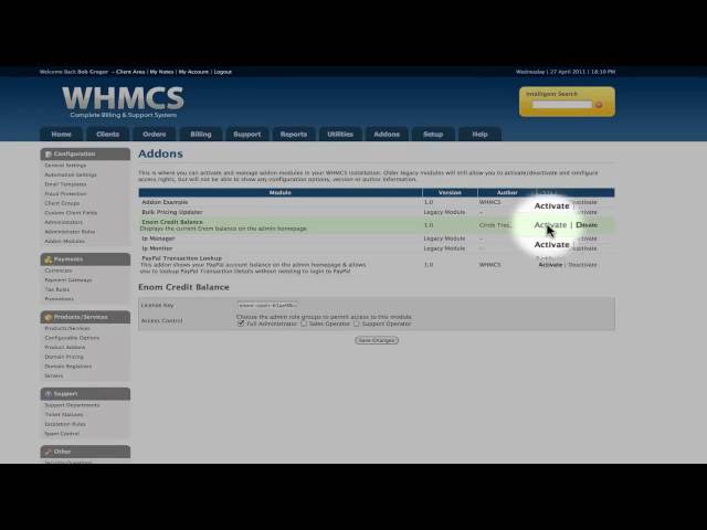 eNom Credit Balance WHMCS Addon Demo