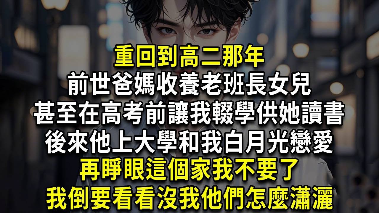 重回到高二那年。前世爸媽收養老班長女兒，甚至在高考前讓我輟學供她讀書，後來他上大學和我白月光戀愛。再睜眼這個家我不要了，我倒要看看沒我他們怎麼瀟灑。#小說 #重生故事 #爽文