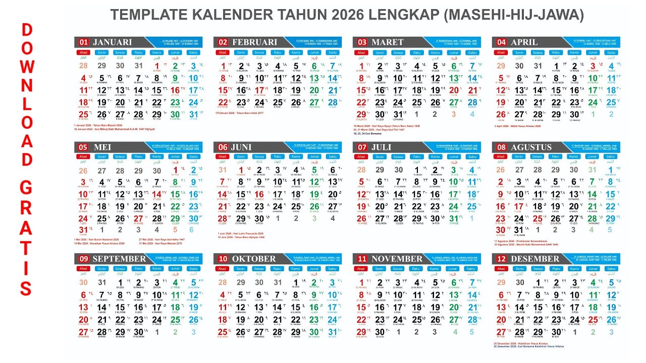 DOWNLOAD GRATIS MASTER KALENDER TAHUN 2026 LENGKAP HIJRIYAH, JAWA DAN HARI LIBUR NASIONAL