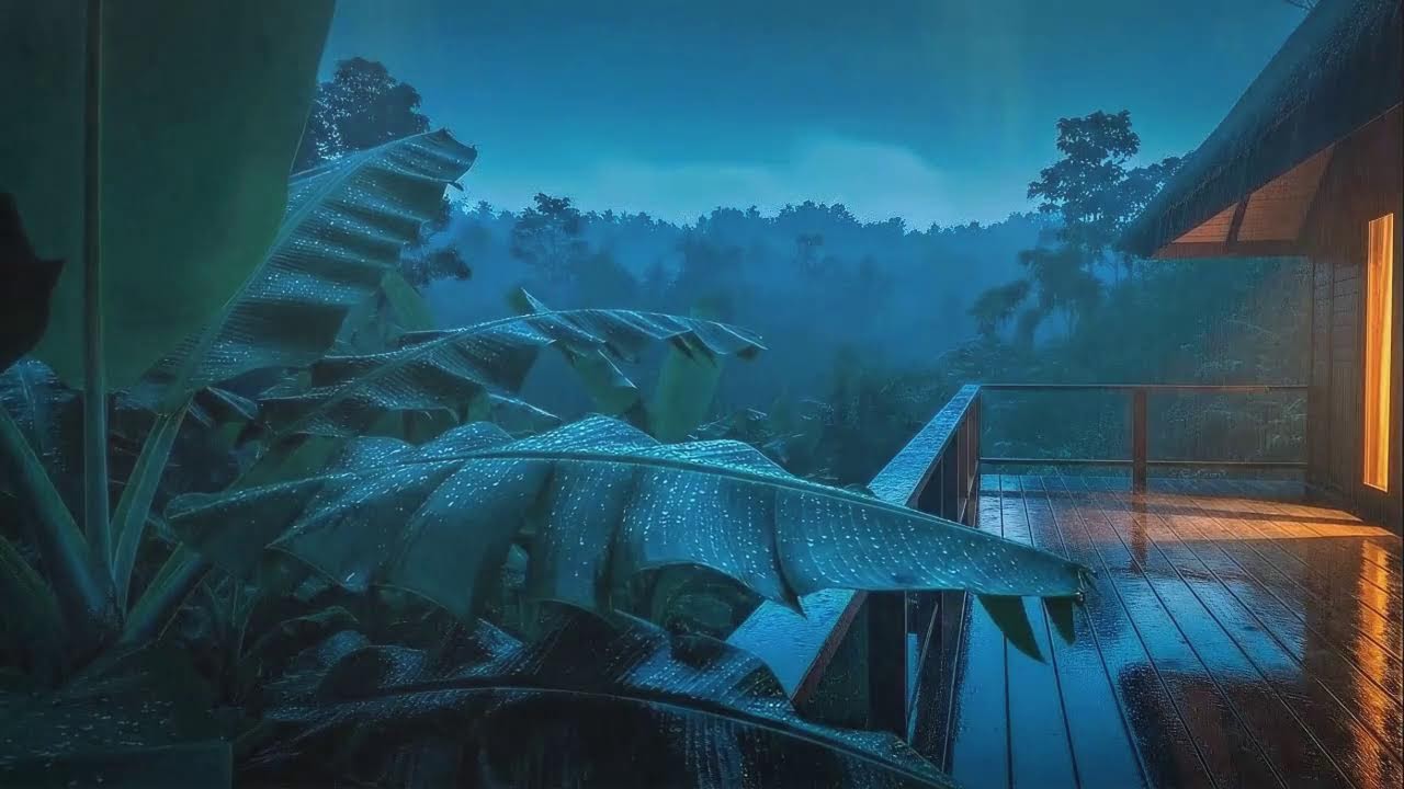 Quick Sleep with Steady Rainfall and Distant Thunder Murmur at Wooden Cabin Terrace 🌧️