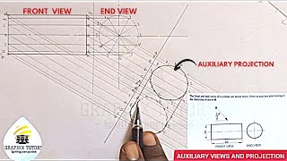 AUXILIARY VIEWS AND PROJECTION OF A CYLINDER IN TECHNICAL DRAWING AND ENGINEERING GRAPHICS.