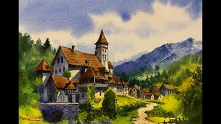 Watercolor painting tutorial - Village Scene