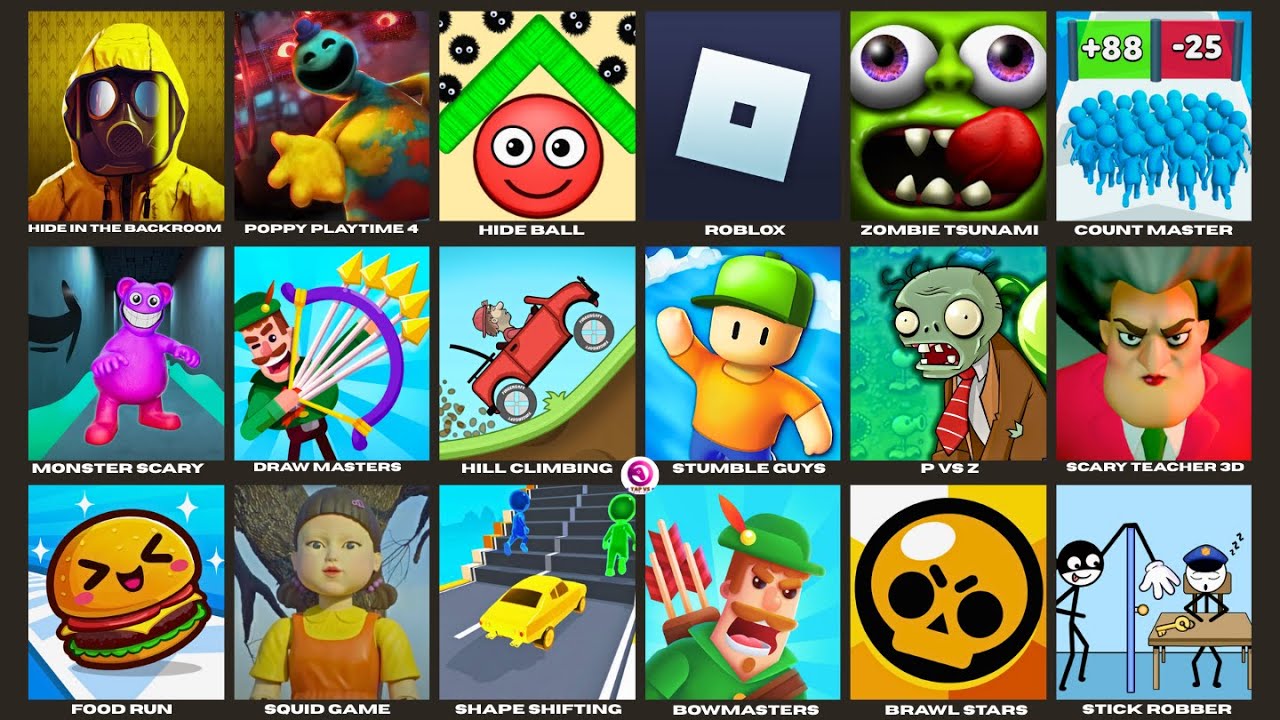Hide In Backroom,Roblox,Stumble Guys,Scary Teacher 3d,Dark Riddle 2,Grimace Monster Scary Survival
