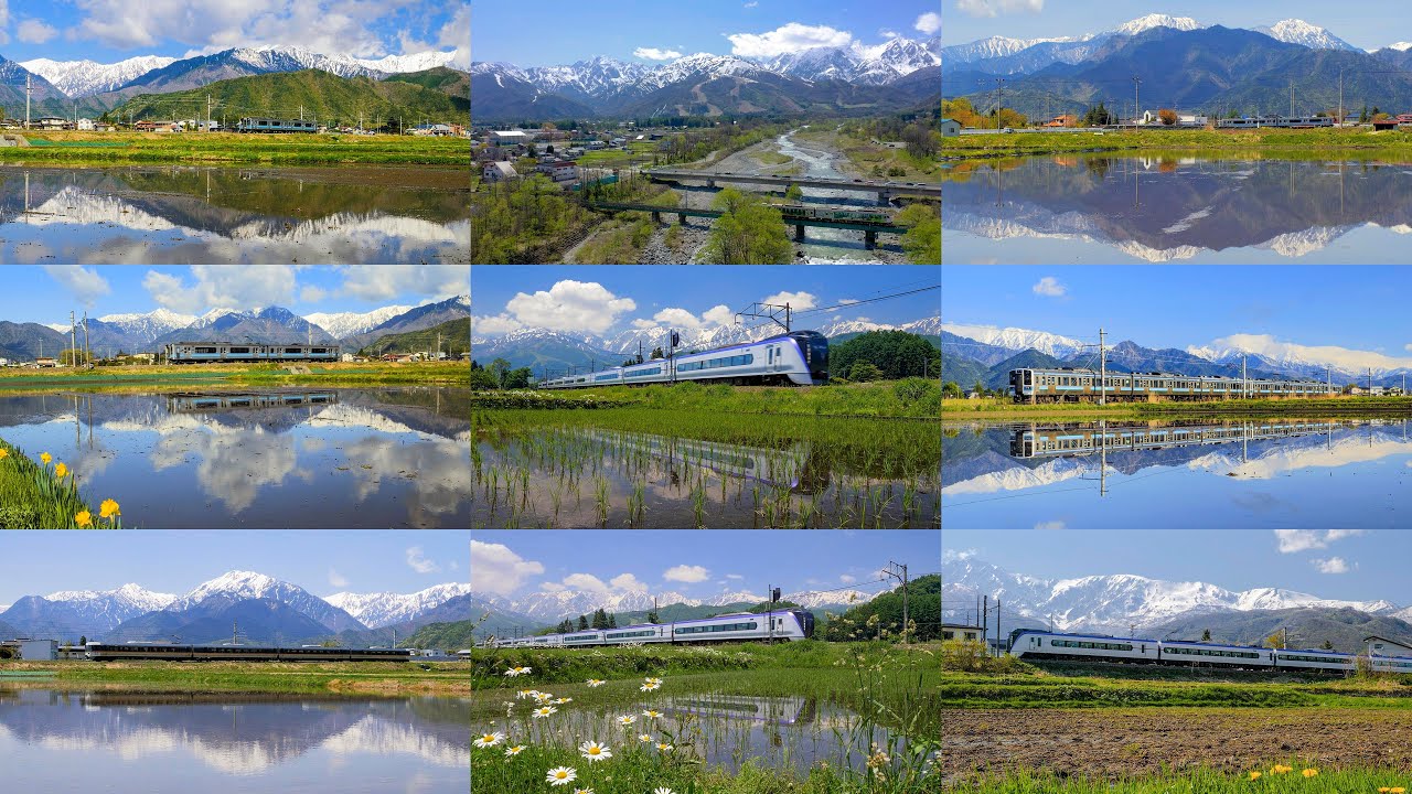 4K] 水鏡の鉄道絶景：残雪の北アルプス・白馬連峰を背景に走る