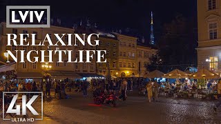 [4K UHD] Nightlife of Lviv, Ukraine - Streets Full of Lights and Walking People - Real City Sounds