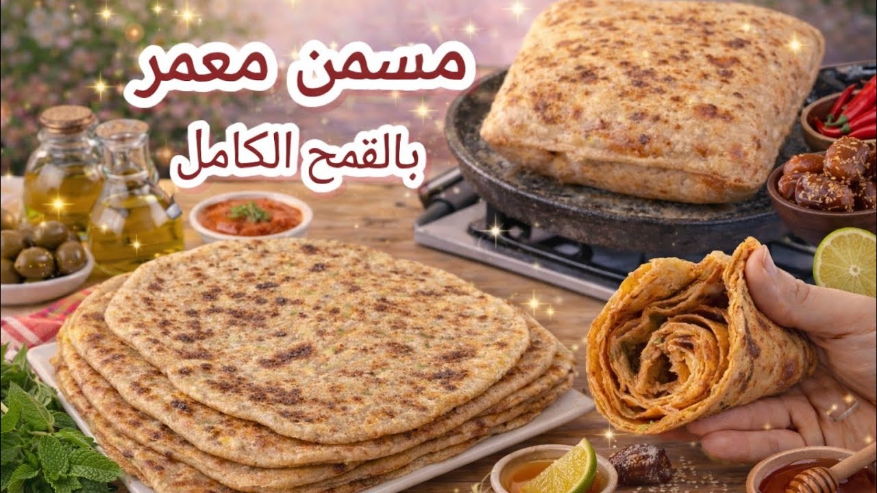 مسمن بالقمح الكامل معمر بحشوة لذيذة بدون دقيق أبيض منفوخ مورق صحي ناجح من أول تجربة 