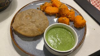Rajgira puri- shakarkandi chaat- green chutney- Vrat ki thali- fasting food navratri special platter