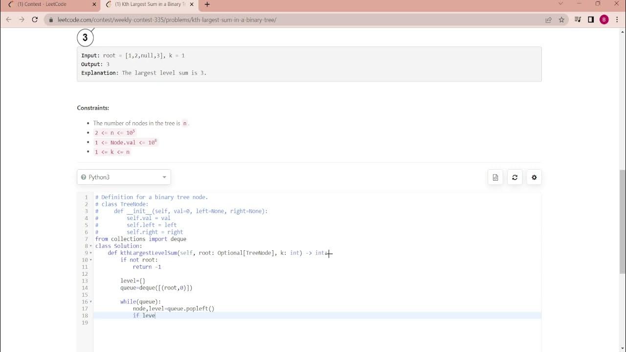 Leetcode Weekly Contest 335 | 6308. Kth Largest Sum in a Binary Tree ...